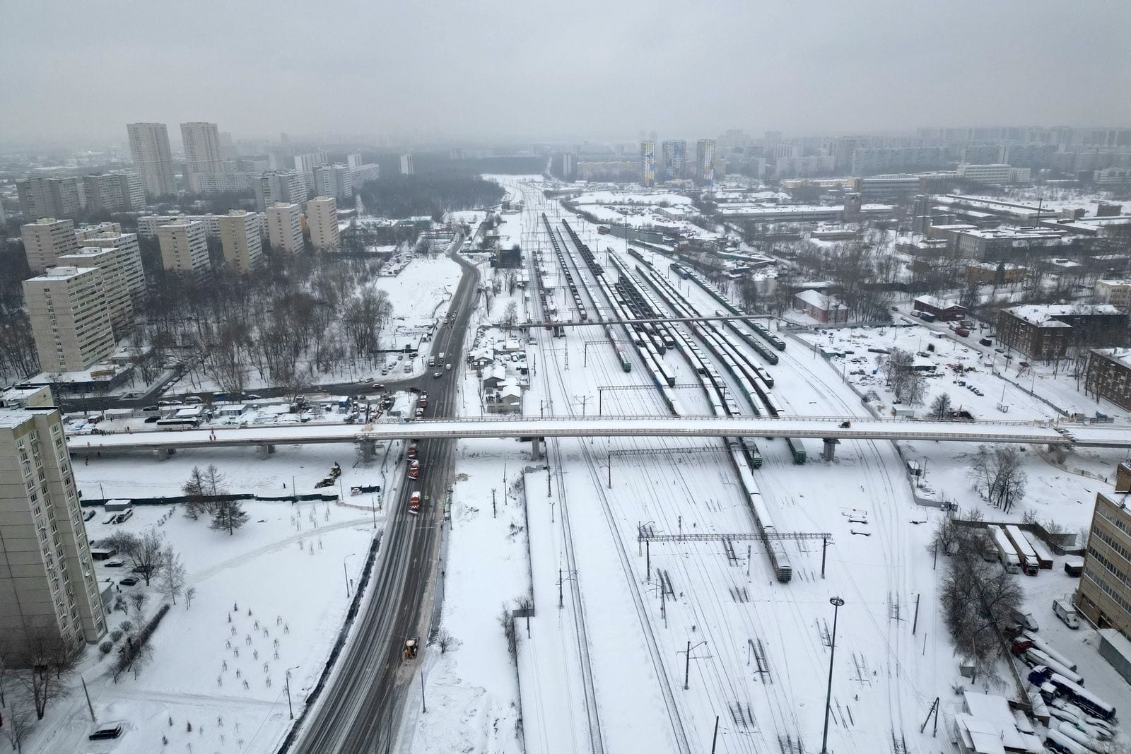 Станция Бескудниково первого Московского центрального диаметра с высоты. январь 2024