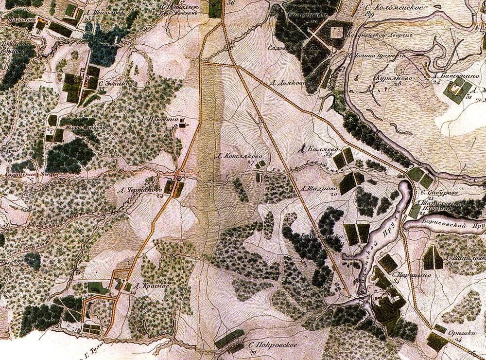 Окрестности Чертаново на топографической карте окружности Москвы 1818 года. Слева на дороге из Москвы на юг деревня Чертаново, выше село Зюзино, правее деревня Котляково, вверху справа Коломенское, внизу деревня Красное и село Покровское, 1818