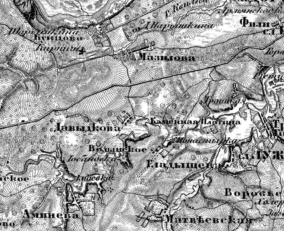 Окрестности Москвы на карте Ф. Ф. Шуберта: «Мазилова» на Смоленской дороге, «Давыдкова» у Сетуни, севернее «Кунцово», южнее Волынское и «Аминева». 1860