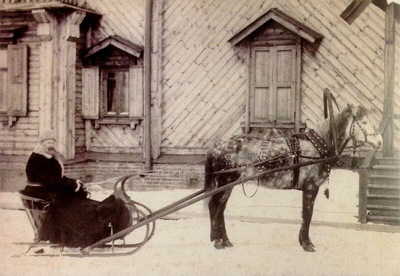 Верещагин в санях перед своим домом. Череповецкое музейное объединение. 1896–1901