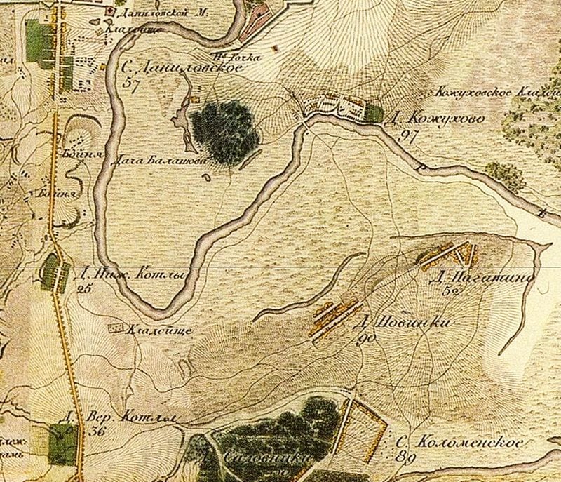 Окрестности будущего района на карте 1818 года: деревни Новинки и Нагатино в большой излучине Москвы-реки, село Коломенское и царские сады. 1818