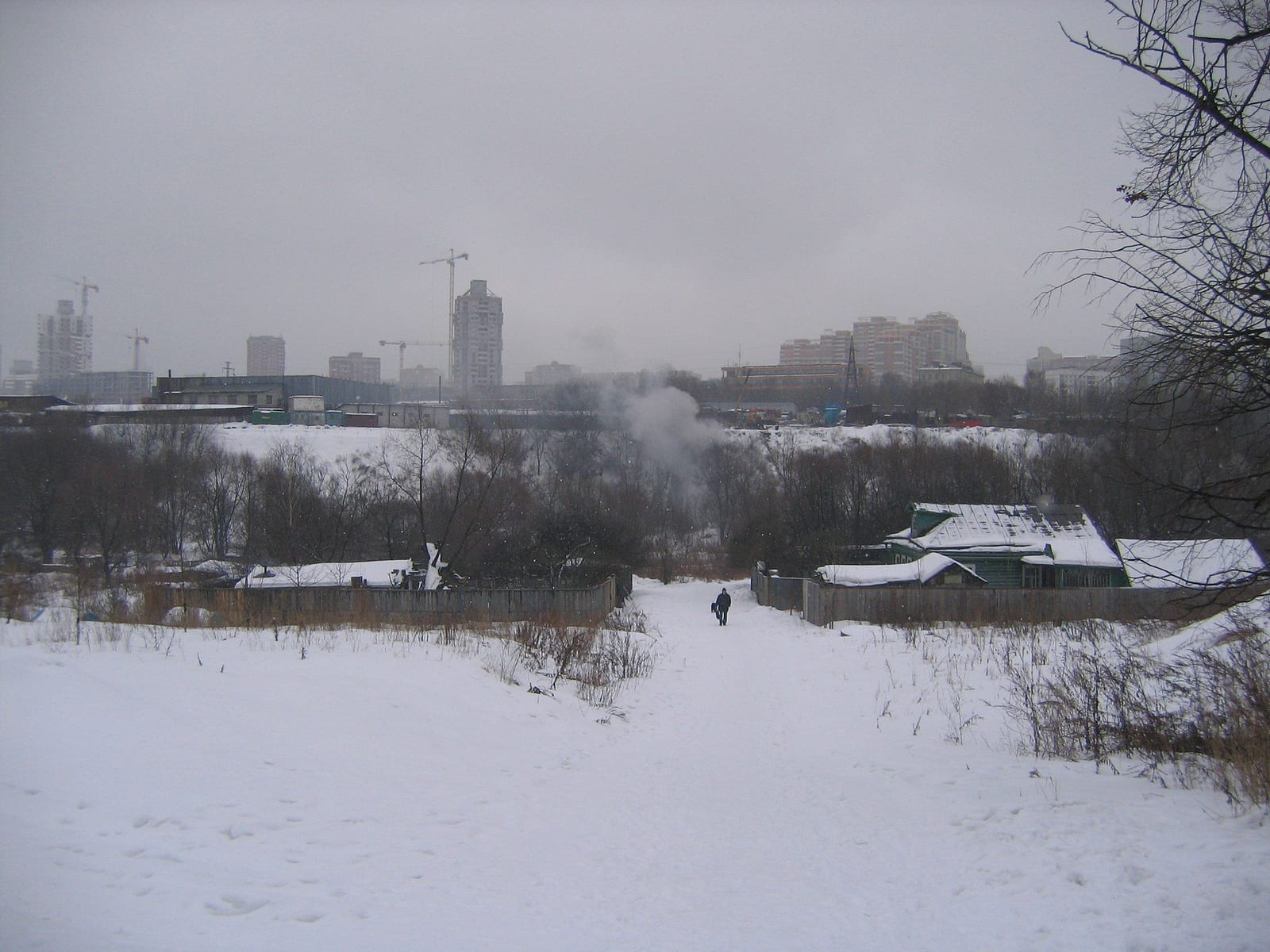 Остатки деревни Матвеевское, за ними новые дома района. март 2009