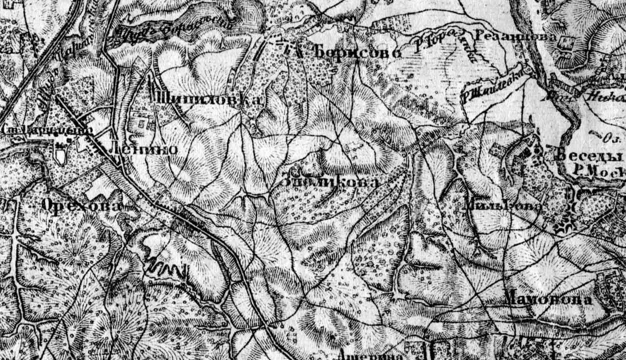 Двухвёрстная военно-топографическая карта, лист IV-6 «Москва»: деревни Орехова у дороги на Каширу и Зябликова южнее Борисово, восточнее Мильково и Беседы. съёмки 1878–1909, издание 1920-х