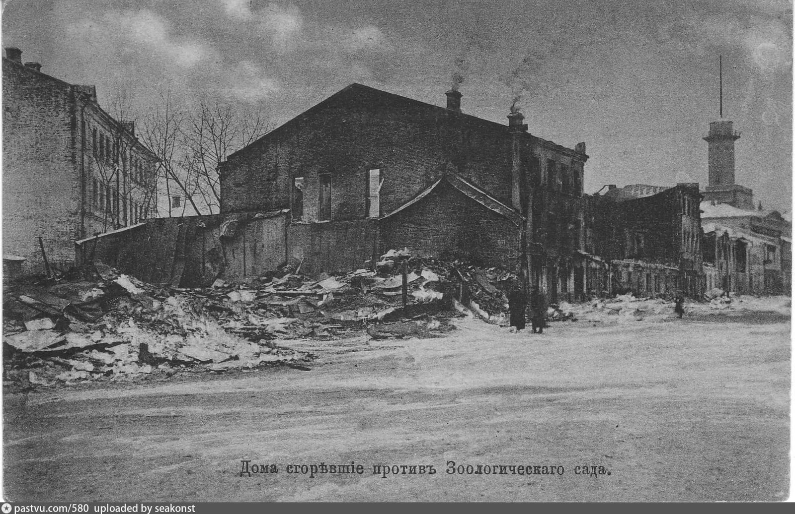 Кудринская улица у зоосада, справа каланча Пресненской пожарной части. Открытка. декабрь 1905