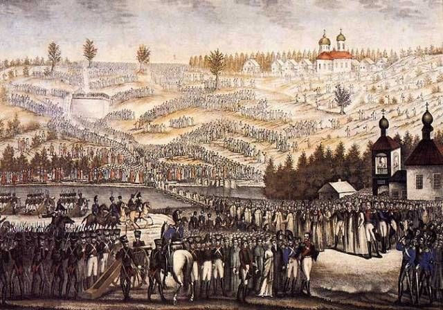 Закладка храма Христа Спасителя на Воробьёвых горах 12 октября 1817 года. Раскрашенная гравюра А. Афанасьева. 1817