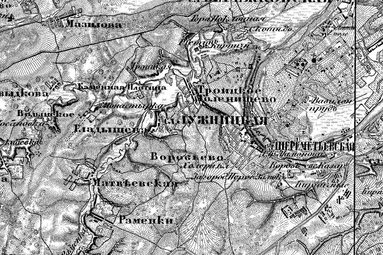 Окрестности Москвы на карте Ф. Ф. Шуберта: Воробьёво, Троицкое-Голенищево, Каменная Плотина, Гладышева и Раменки. 1860