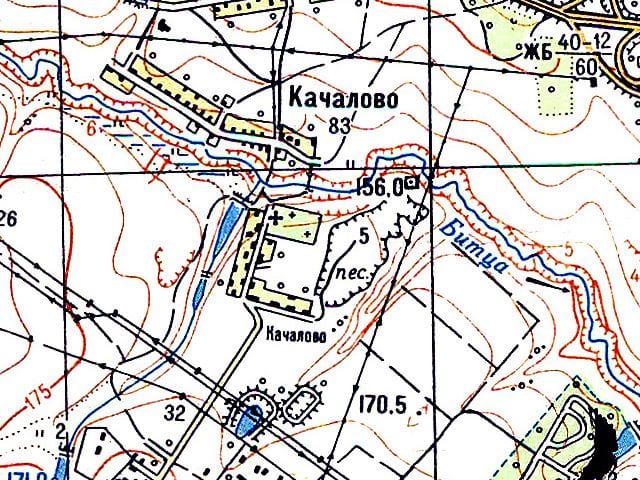Село Качалово на берегу Битцы на топографической карте. Сейчас на этом месте кварталы у станции «Улица Старокачаловская». 1964
