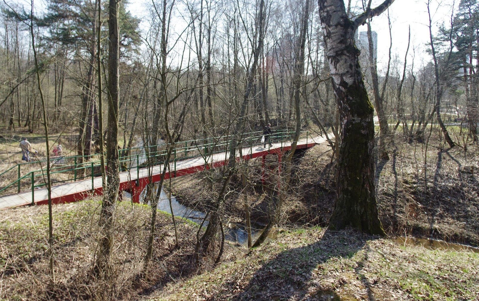 Пешеходный мост через Сходню ниже Школьного озера, у Филаретовского храма. Здесь стояла Дунькина деревня. апрель 2014