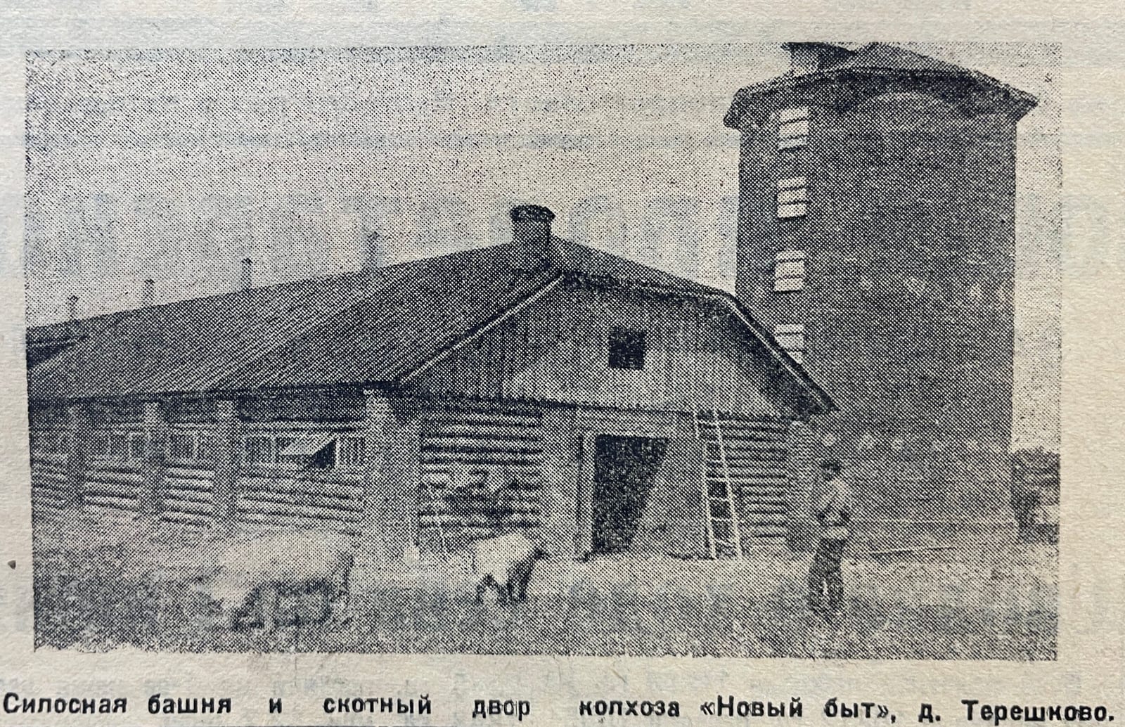 Силосная башня и скотный двор колхоза «Новый быт» в деревне Терешково. Газета Кунцевского района «За большевистские темпы», 7 июня 1931 года, автор снимка не указан, 1931