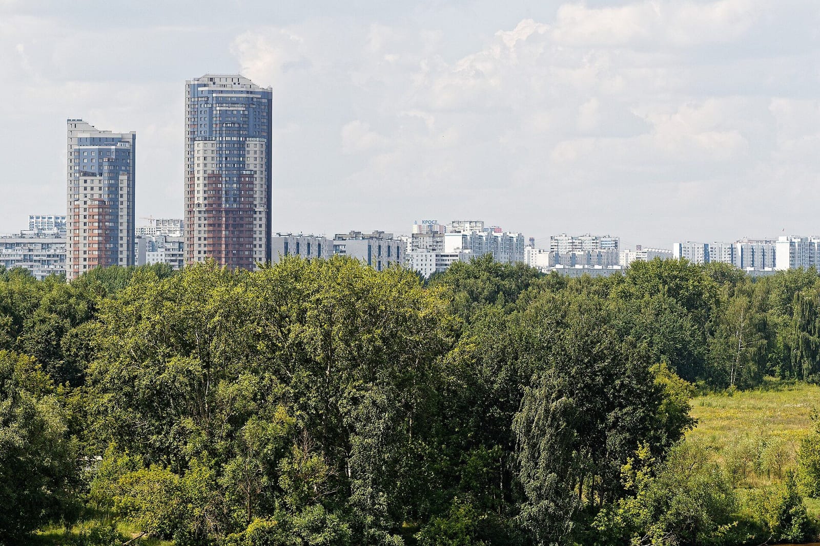 Вид со Строгинского моста: жилые башни 2000-х годов, Строгинская пойма и вдали Кировская пойма. июль 2025