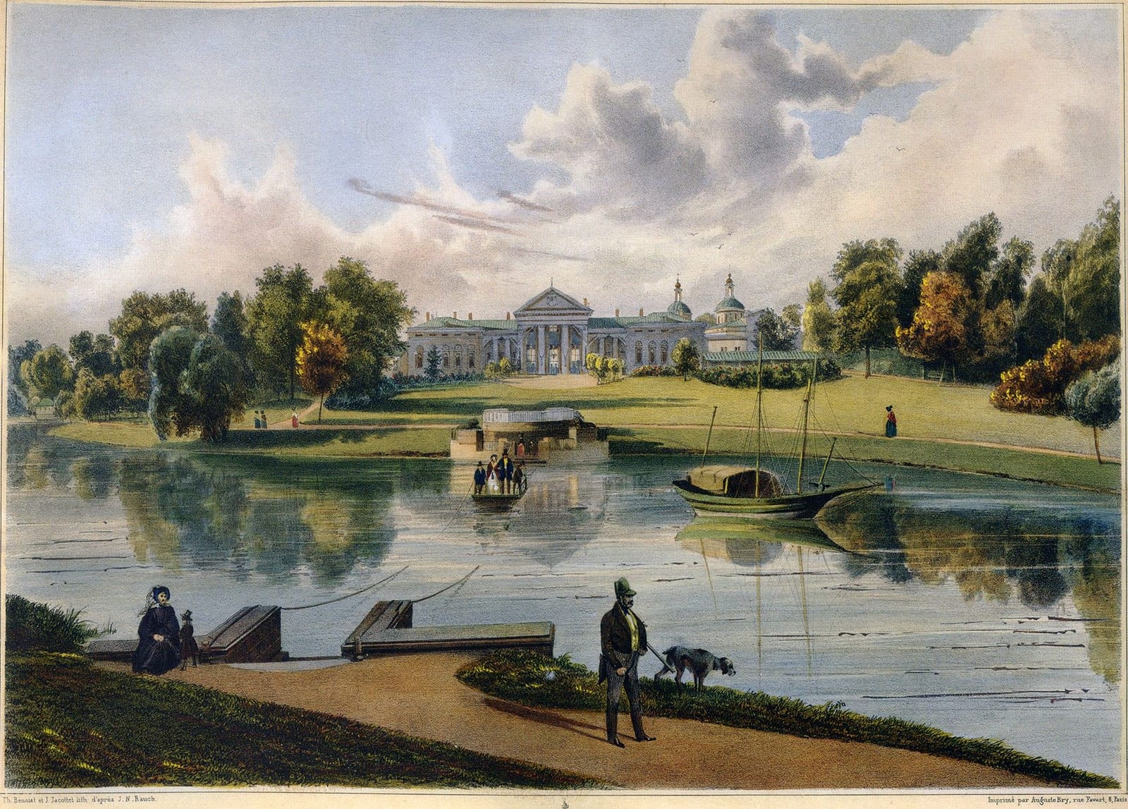 Господский дом Голицыных над прудом. Рисунок Иоганна Непомука Рауха. 1820–1840-е